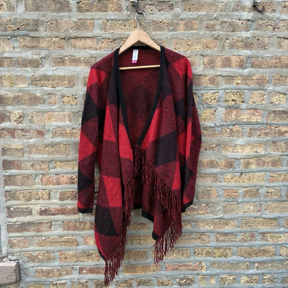 No Boundaries Women's XL Red/Black Plaid Open-Front Fringe Knit Cardigan